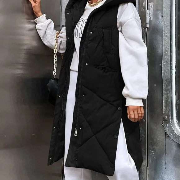 Black Casual Womens Pocket Zip Up Hooded Puffer Vest Coat - Picture 4 of 5